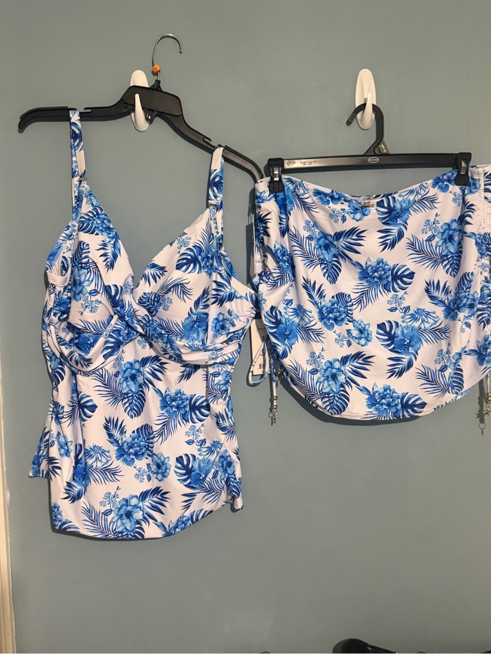 Nicole Miller White and Blue Floral Tankini Top with Skirt - Picture 5 of 10